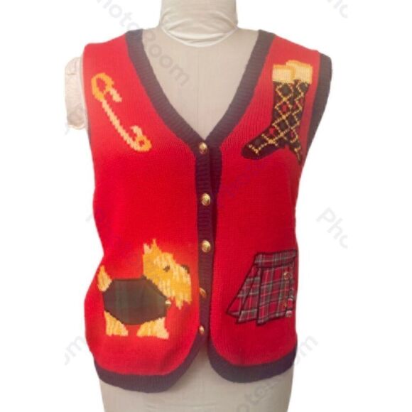 Holiday Sweater Vest Scottish Button Front Red/Blue Size M - Picture 3 of 12